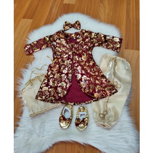 Bordo kadife bebek kaftan takımı