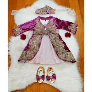 Mürdüm kadife bebek kaftan takımı