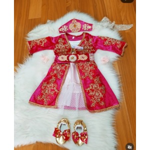 Fuşya kadife bebek kaftan takımı
