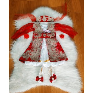 Kırmızı kadife çiçekli gupürlü bebek kaftan takımı